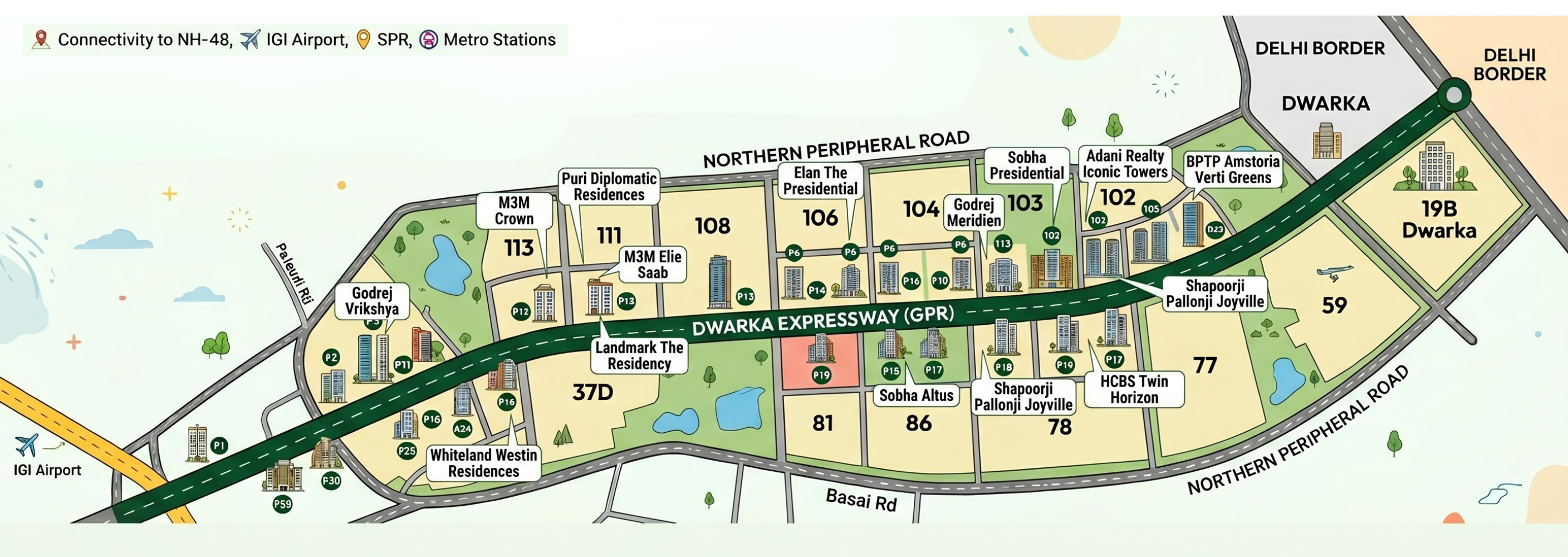 Dwarka Expressway route map showcasing luxury apartments on Dwarka Expressway, Elan the presidential 106, and Sector 104 projects